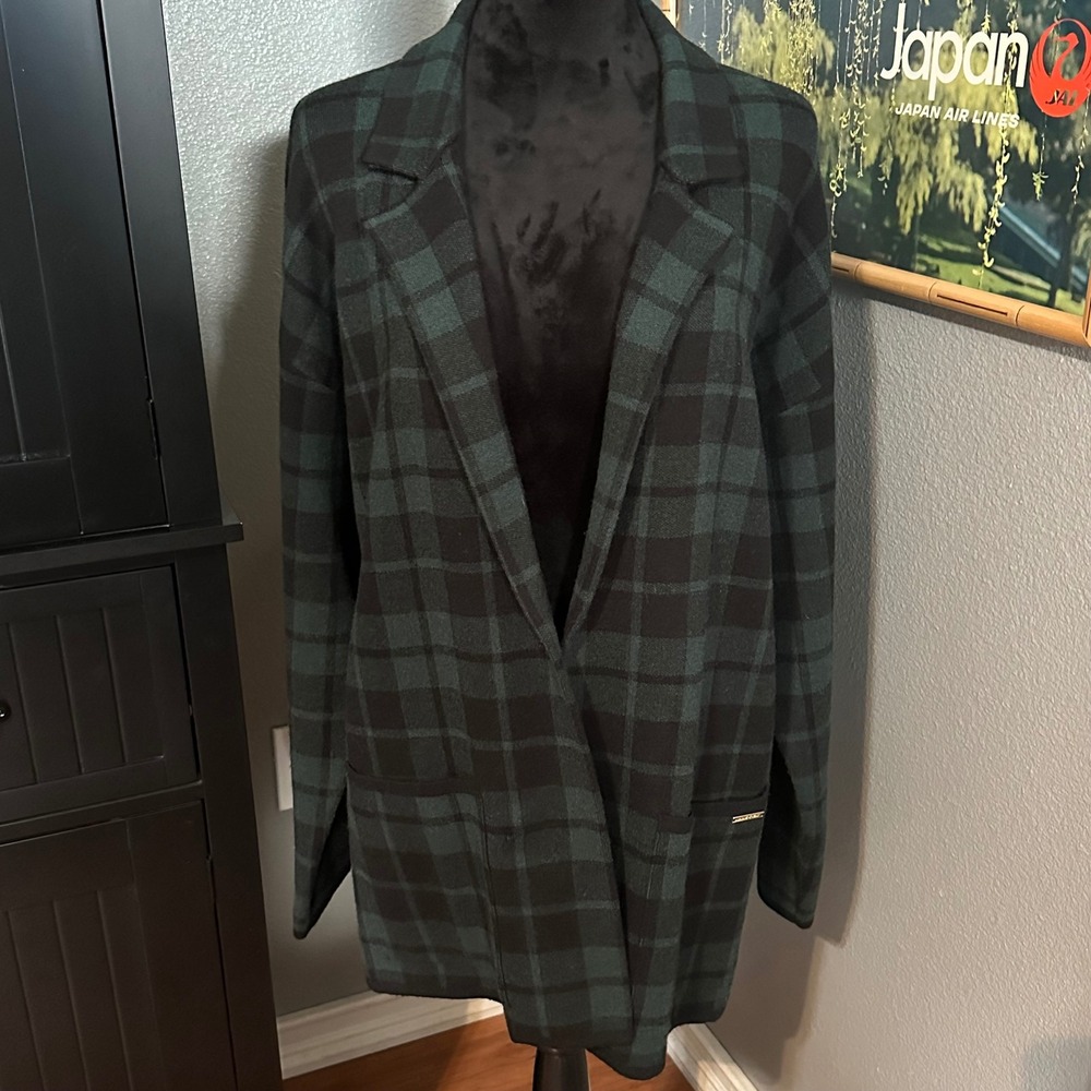 Anne Klein Cardigan Blazer Womens Large Green Black Plaid Knit Open Front Preppy